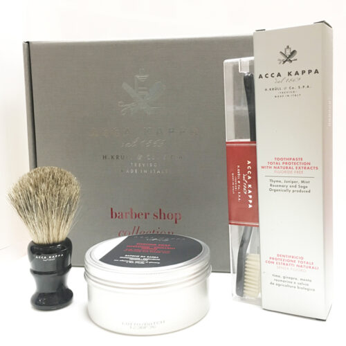 ACCA KAPPA SET REGALO BARBER SHOP COLLECTION SAPONE DA BARBA 250ML + PENNELLO NERO CON CIUFFO IN PURO TASSO + SPAZZOLINO VINTAGE NERO